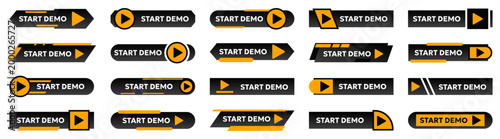 Start demo button collection. Dark interface buttons with play icons and modern user interface elements