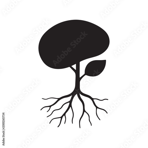 Black Silhouette of a Young Growing Tree With Leaves and Visible Roots.