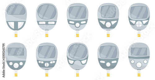 Glucometer device collection set. Different blood sugar measurement screens with medical digital display variations