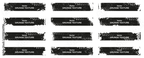 Grunge texture banner collection set. Distressed black paint strips with rough edges and abstract splatter details