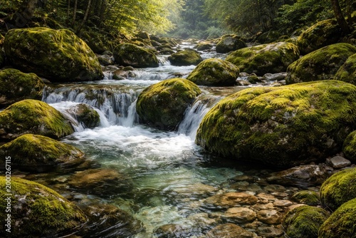 Full length view of mossy boulders next to a flowing clear mountain stream