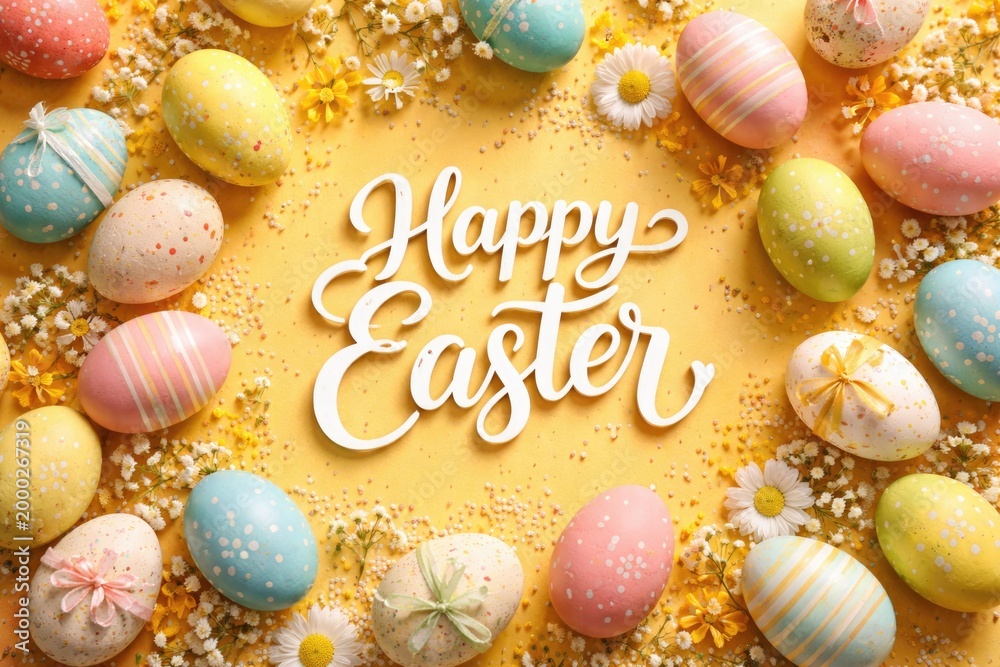 Fototapeta premium Cheerful Easter eggs set on a radiant yellow background in a close up top view featuring festive Easter greetings for loved ones