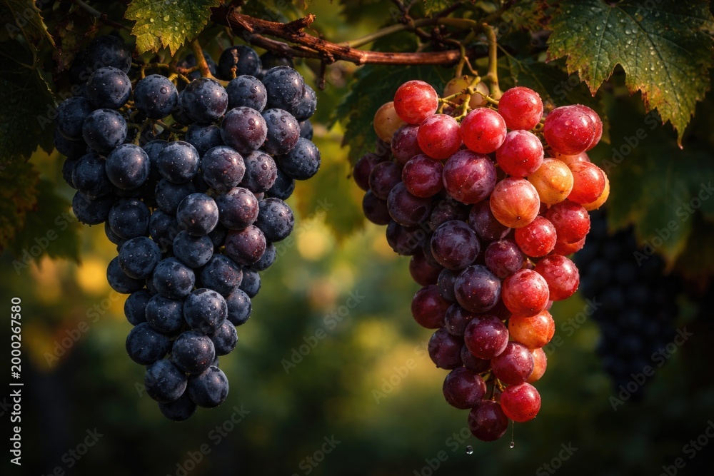 Obraz premium Deep dark background emphasizing colorful red wine grapes and blue grapes on vine