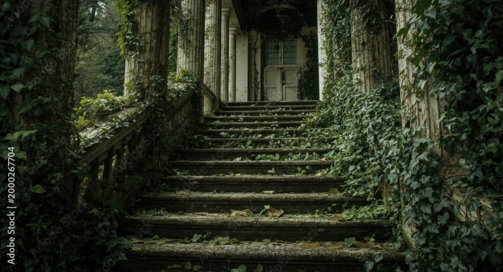 Fototapeta premium Stairs and columns from a bygone era covered with spreading ivy leaves and vines