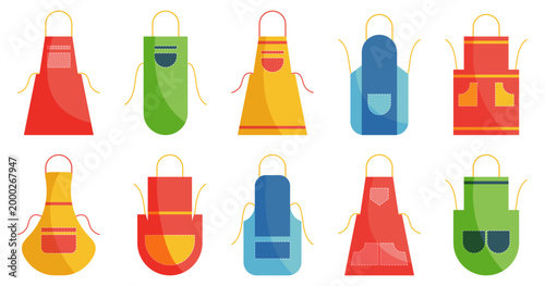 Kitchen apron collection set. Colorful cooking aprons with pockets and simple flat design elements