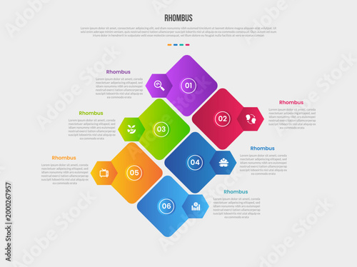 Rhombus diamond base shape infographics gradient template diagram with skew tilt direction with circle badge and hexagon badge with 6 point step creative