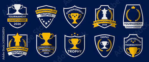 Sport trophy badge collection. Championship emblems with cups and stars in blue and gold style. Vector design