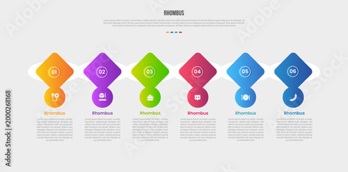 Rhombus diamond base shape infographics gradient template diagram with circle badge on bottom with liquid shape unify on horizontal direction with 6 point step creative