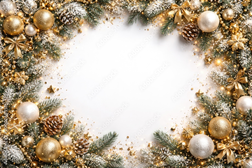 Fototapeta premium Elegant festive card with Christmas and New Year decorations framing white top view and copy space