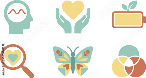 Mental Health Inner Peace Flat Vector Set Calm Mind Heart Hands Battery Leaf Magnifying Glass Heart Icons
