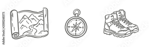 Professional hiking icon set featuring a mountain map scroll, vintage navigation compass, and sturdy trekking boots. Minimalist black line art for travel branding and adventure gear catalogs.