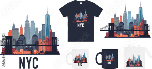 Photos NYC Skyline Vector Collection with Famous Landmarks, Brooklyn Bridge, and Iconic
