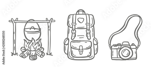 Outdoor adventure icon set with a high-capacity hiking backpack, a sturdy trekking boot, and a professional navigation compass. Minimalist black line art for camping gear and travel branding.