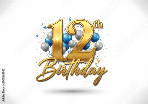 12th birthday celebration with gold text and blue and silver balloons