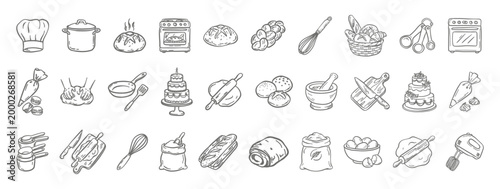 Essential hiking gear icon set featuring a field flashlight, mountain landscape with pine trees, and professional binoculars. Minimalist black line art for adventure branding and camping guides.