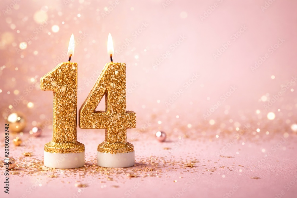Obraz premium Glitter adorned gold number 14 candle on blush pink backdrop with empty copy space