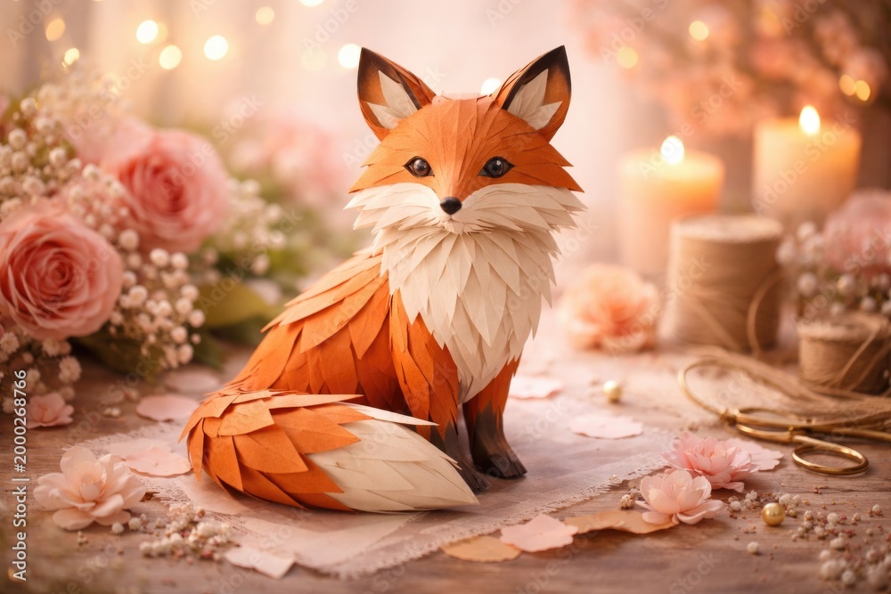 Fototapeta premium Artistic fox paper craft displayed on a gentle romantic backdrop