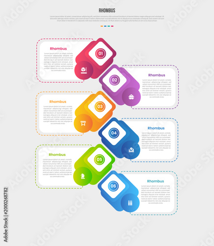 Rhombus diamond base shape infographics gradient template diagram with skew rectangle on skew tilt with dotted outline container box with 6 point step creative