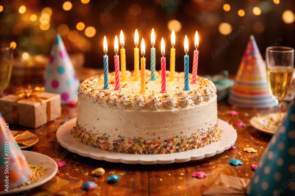 Obraz premium Birthday cake with flickering candles displayed on a warm and inviting party table
