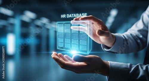 Hands holding a futuristic holographic display of an HR database, representing digital human resources management and data.