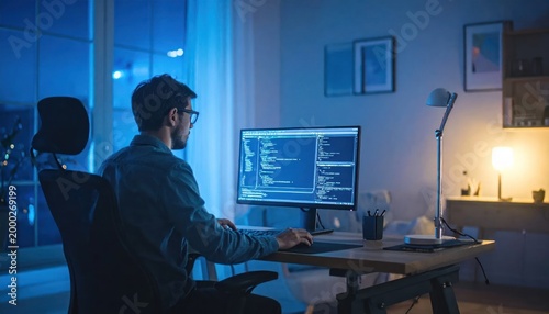 Young man wearing glasses coding on a computer in a modern home office at night blue light