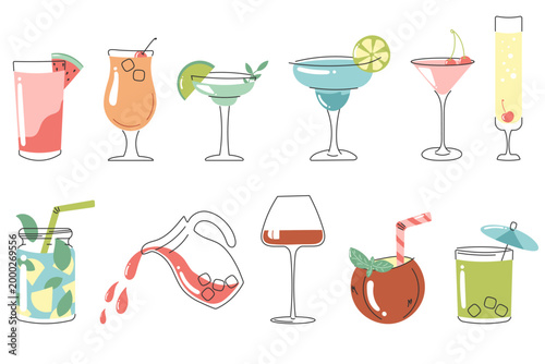 Summer Cocktail drinks set collection with glasses tropical beverages and bar elements in hand drawn doodle style for summer party menu and packaging design