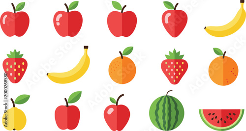 Fruit Vector Set Featuring Apples, Bananas, Strawberries, Oranges, and Watermelons for Healthy Food and Nutrition Designs