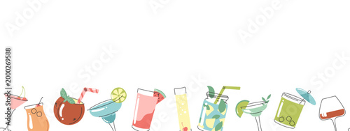 Cocktail border frame with tropical drinks glasses and beverage elements in hand drawn doodle style for summer invitation and menu design