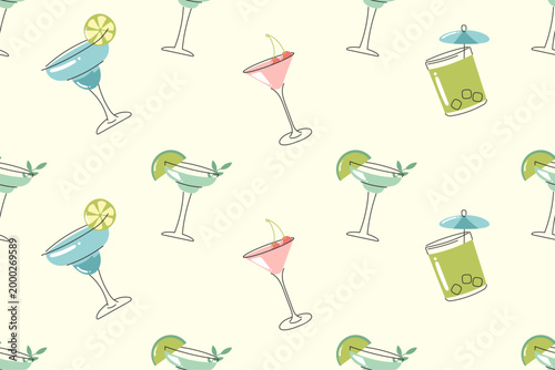 Cocktail seamless pattern with elegant drink glasses and tropical beverages in hand drawn doodle style for wallpaper and summer surface design
