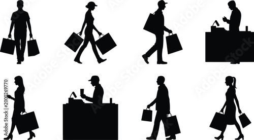 Shopping silhouettes vector illustration showing people with bags and cashier counter representing retail, consumer behavior, purchase, and lifestyle concept