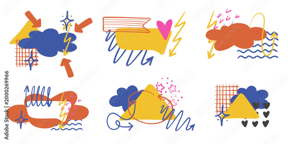 Fototapeta premium Abstract geometric labels and decorative elements set. Vector hand-drawn collection of colorful frames with clouds, stars, hearts, and lightning bolts in trendy doodle style for social media and web d
