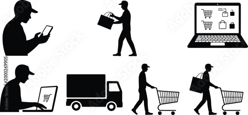 Silhouette icons of online shopping delivery and e commerce activities with people devices carts and packages illustration