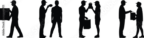 Silhouette illustration of delivery and exchange activities showing courier service, logistics, shopping bag handover, and customer interaction concepts