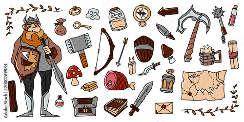 Viking character and medieval icons set. Vector collection of hand-drawn nordic warrior, weapons, axe, sword, map, and fantasy loot. Trendy doodle style illustrations isolated on white background for 