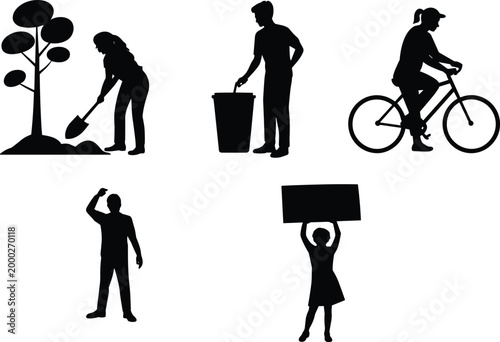 Silhouette people performing everyday activities including gardening recycling cycling protesting and social communication gestures