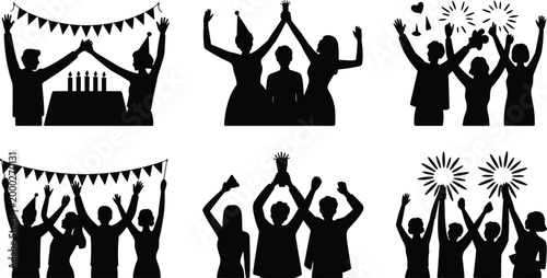 Silhouette illustration of people celebrating birthdays, parties, and festive gatherings with cake, banners, toasts, and joyful togetherness