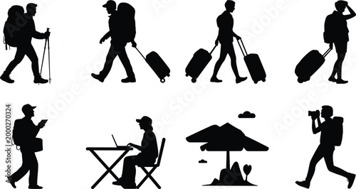 Silhouette travelers with luggage backpacks maps and cameras representing tourism hiking remote work and modern travel lifestyle