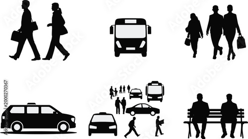 Silhouette vector illustration of urban transportation, walking people, public commuting, city lifestyle, and modern street interactions