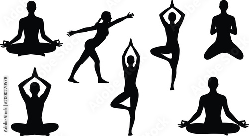 Yoga silhouette icons featuring meditation, balance, and stretching poses representing mindfulness, wellness, fitness, and healthy lifestyle design