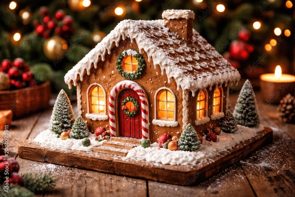 Fototapeta premium Handcrafted festive gingerbread house cookie presented on wooden background
