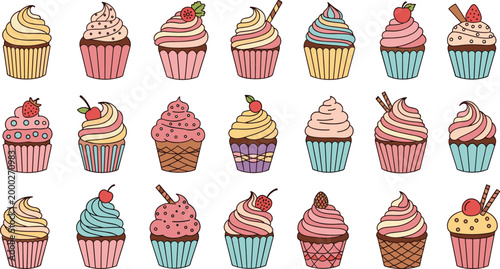 Cupcake Collection with Frosted Designs, Sprinkles, Fruits, and Ice Cream Cones for Bakery and Dessert Branding