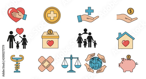 Charity and Healthcare Icons: Compassion, Donation, Family, Hope, Justice, Savings