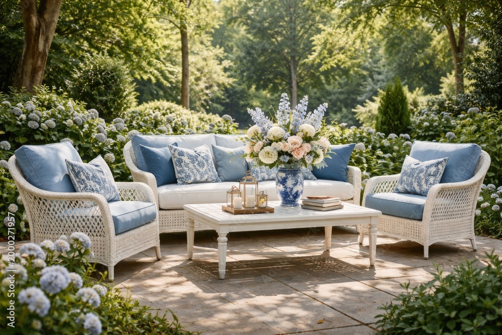 Fototapeta premium Graceful blue and white outdoor patio furniture with floral centerpiece located in a serene green garden environment