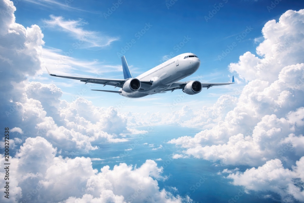 Fototapeta premium An aircraft soaring over a serene blue sky with billowy white clouds