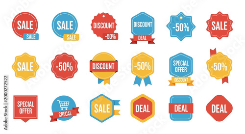 Collection of colorful sale, discount, and special offer badges for retail promotions