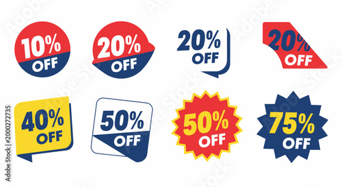 Collection of Discount Sale Tags and Labels: 10%, 20%, 40%, 50%, 75% Off
