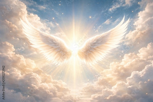 Heavenly angel wings emitting brilliant light over a dreamlike sky with copy space