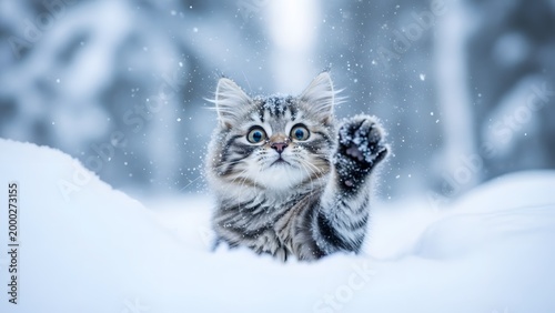 Fluffy kitten playing in the white snow. Winter animal and curious pet. Cute tabby cat reaching out a paw toward falling snowflakes in a blurred winter forest