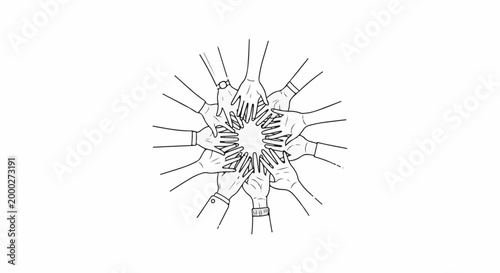 Many hands joined together in the center of the image, symbolizing unity