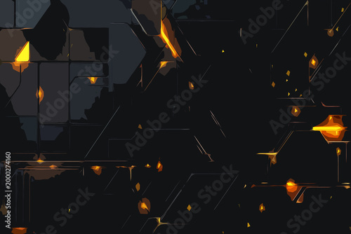 Dark futuristic geometric pattern with glowing orange sparks and metallic shapes.